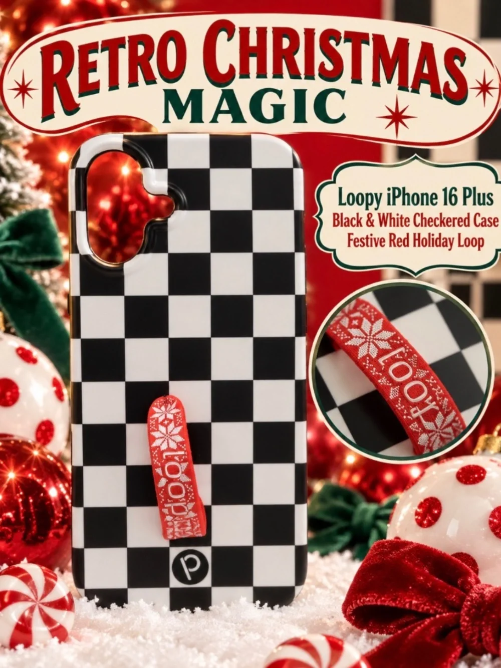 Loopy iPhone 16 Plus Black & White Check Case + Orange & Holiday Sweater Loops